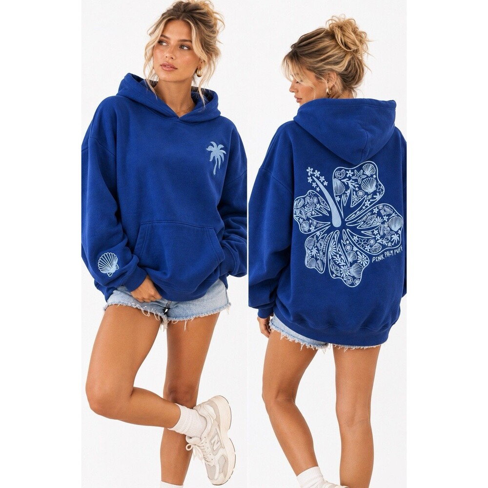 Pink Palm Puff Hawaii Hibiscus Oceanic Blue Oversized Embroidered Hoodie Size L